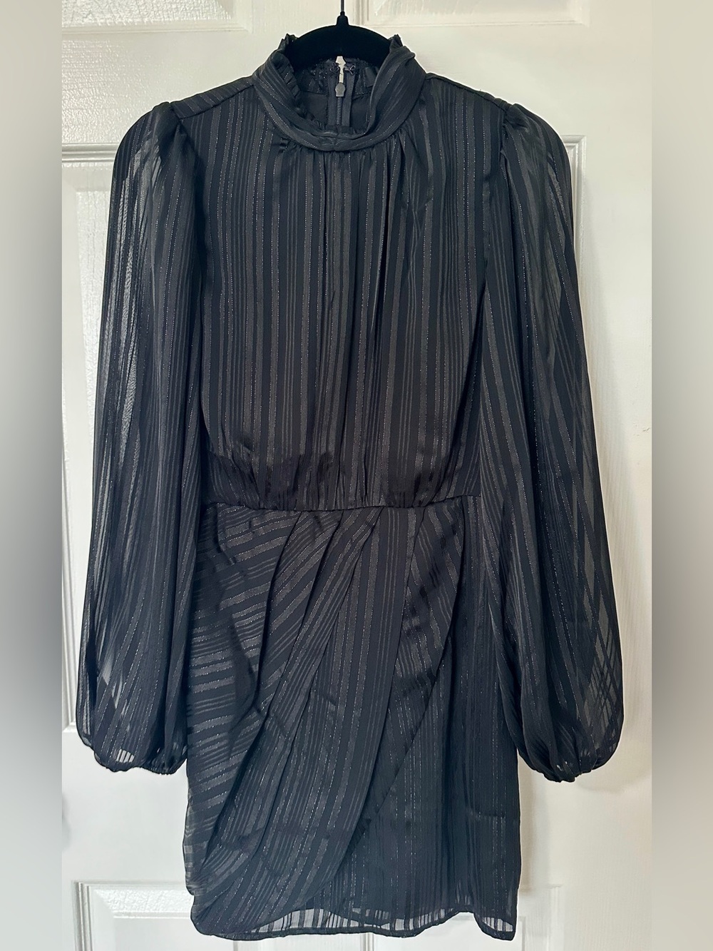 Lulu's Black Sheer Stripe Long-Sleeve Wrap-Style Mini Dress